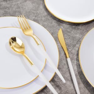 Supernal Elegant White and Gold Plastic Dinnerware Set ??Premium Heavy-Duty Disposable Plates & Gold Plastic Silverware for Weddings, Outdoor Parties & Birthdays (Serves 30)