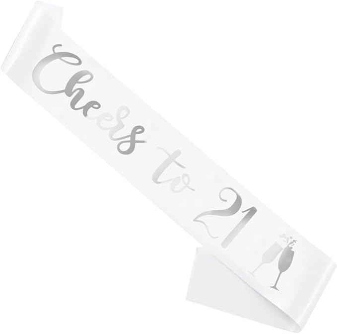Birthday Sash White, 'Cheers To 21' Birthday Sash for Girl Women and Men with Silver Foil Letters for Funny Party Favor Supplies 21 White Silver