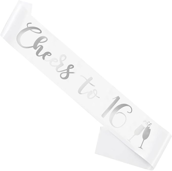 Birthday Sash White, 'Cheers To 16' Birthday Sash for Girl Women and Men with Silver Foil Letters for Funny Party Favor Supplies 16 White Silver