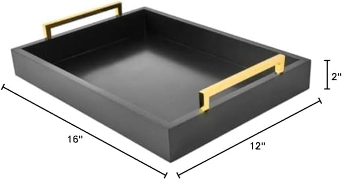 16"x12" Serving Trays with Handles, Black Decorative Serving Tray, Ottoman Trays for, Living Room, Bathroom, and Outdoors Decorative Trays (Black)