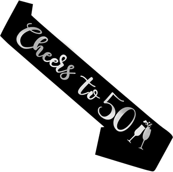 Birthday Sash Black, 'Cheers To 50' Birthday Sash for Girl Women and Men with Silver Foil Letters for Funny Party Favor Supplies 50 Black Silver