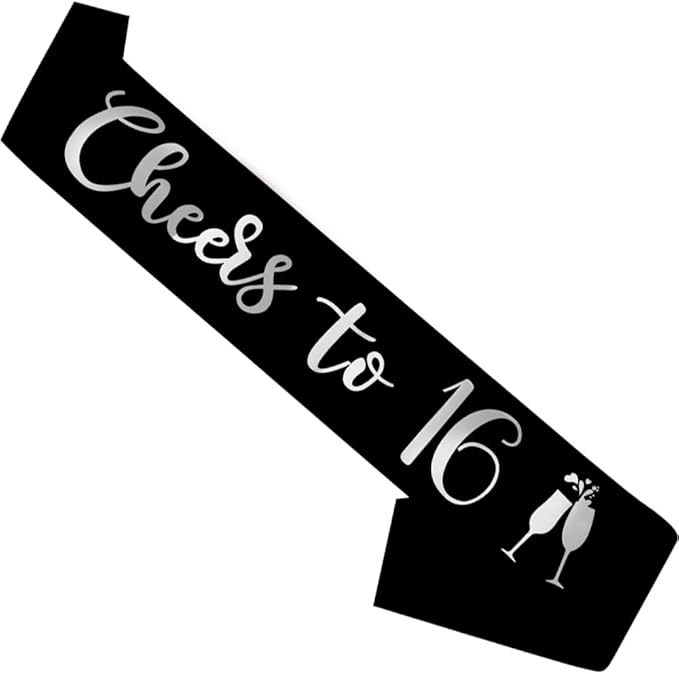 Birthday Sash Black, 'Cheers To 16' Birthday Sash for Girl Women and Men with Silver Foil Letters for Funny Party Favor Supplies 16 Black Silver