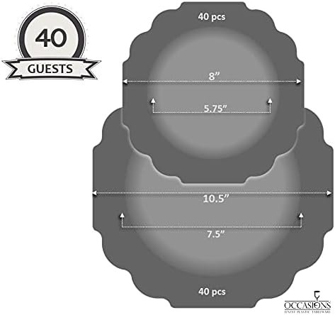 " OCCASIONS " 80 Plates Pack,(40 Guests) Heavyweight Premium Wedding Party Disposable Plastic Plates Set -40 x 10.5'' Dinner + 40 x 8'' Salad/Dessert (Imperial in White/Blue & Silver)