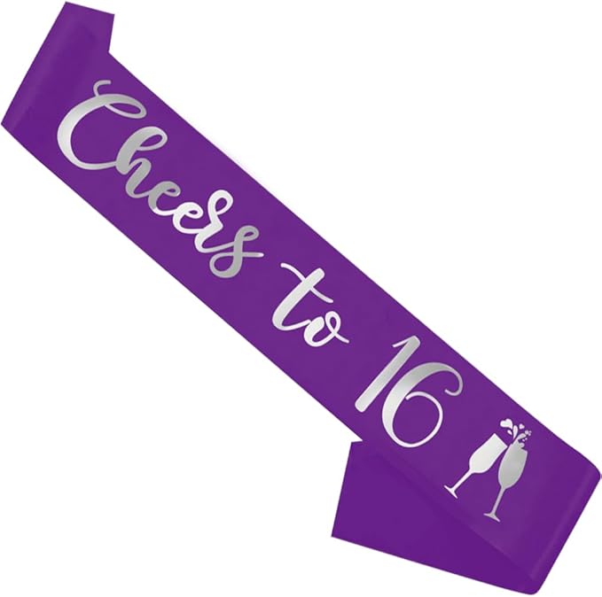 Birthday Sash Purple, 'Cheers To 16' Birthday Sash for Girl Women and Men with Silver Foil Letters for Funny Party Favor Supplies 16 Purple Silver