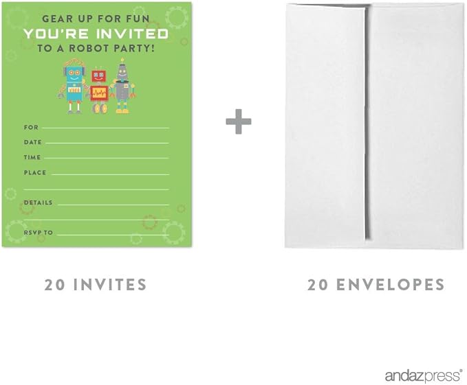 Andaz Press Robot Birthday Collection, Blank Invitations with Envelopes, 20-pack