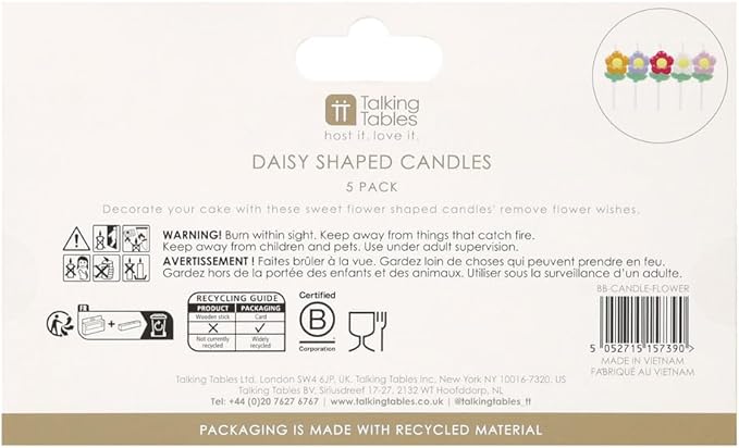 Talking Tables 5 x Daisy Flower Birthday Candles for Cakes Cake Topper Decoration Premium Quality colorful Floral Candle 1.5 Inches Height Recycled Packaging