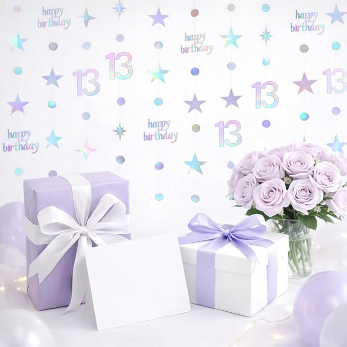 GCQQ 13th Birthday Hanging Decorations - 4 Packs Iridescent Happy 13th Birthday Banner 13 Year Old Circle Dot Twinkle Star Garland 46FT Thirteen Metallic Streamer Backdrop for Girl Boy Birth Day Party