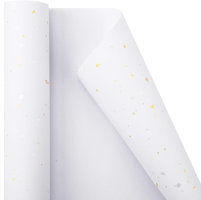 MAYPLUSS Thick Wrapping Paper Roll - 17Inch x 16.5Feet - Romantic Gold Shiny Flakes on Matte White Heavy Gift Wrap Paper with Silky Touch for Wedding, Birthday, Holiday, Christmas