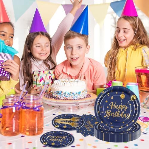 75PCS Happy Birthday Paper Plates&Nakpins Set,Disposable Blue and Gold Dessert Plate Graduation Napkins Forks Paper Tableware for Birthday Graduation Retirement Party Decorations Serve 25