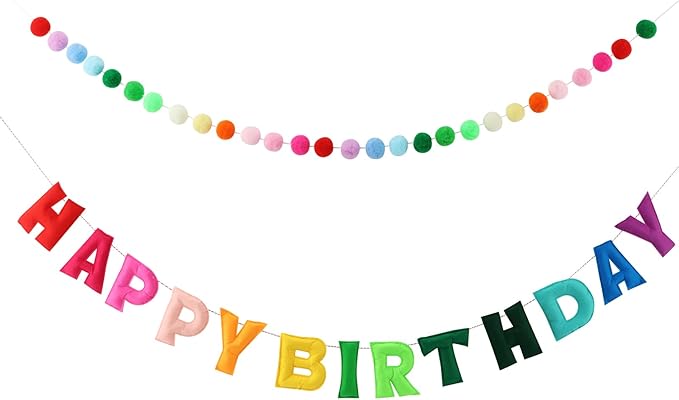 Pre-Strung Happy Birthday Banner,Felt Ball Garland HAPPY BIRTHDAY Pennant Flag,Colorful Rainbow-Birthday Decorations, Multicolor BuntingTriangle Flags,Party Decor,Photo Prop(43 Pcs)