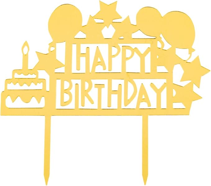 Restaurantware Top Cake 5.8 x 5.3 Inch Happy Birthday Cake Topper 1 Mirrored Birthday Cake Decoration - With Stars Balloons And Cake Durable Gold Acrylic Birthday Topper For Cakes