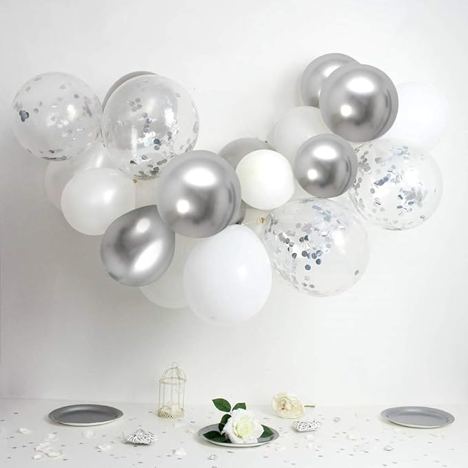 White Silver Confetti Latex Balloons, 50 Pack 12inch Silver Metallic Party Balloon Set with Silver Ribbon for Wedding Birthday Baby Shower Decorations