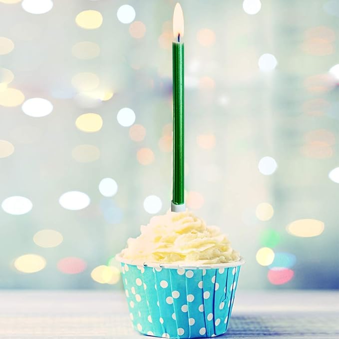 12 Count Long Thin Green Birthday Cake Candles in Holders for Birthday Cupcake Tall Candle 12 Pieces
