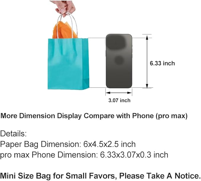 AWELL Mini Size Turquoise Blue Paper Bag with Handle Bulk Party Favor Bag 6x4.5x2.5 inch for Graduation Baby Shower Birthday Christmas Recycled Bag, 50 Counts