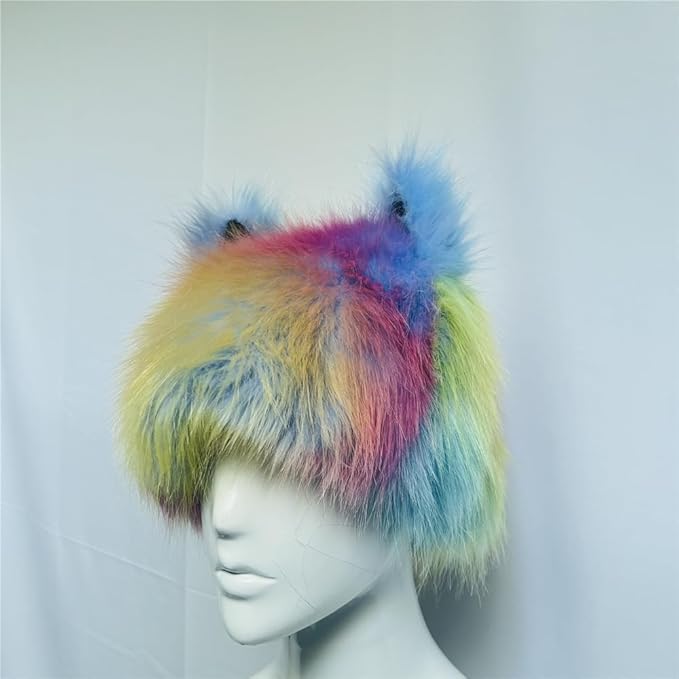 PURFUN Colorful Faux Fur Earflap Hats with Cat Ear, Adults Cosplay Halloween Animal Theme Wolf Cat Hooded Hat Costume Caps