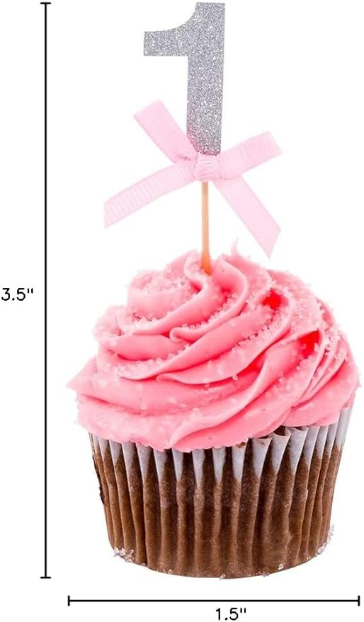 Restaurantware-3.5 x 1.5 Inch Cupcake Toppers, 100 Glitter Number 1 Cake Toppers - With Bow, For Parties, Anniversaries, Or Baby Showers, Silver Paper Birthday Cake Toppers, Pastry Decorations