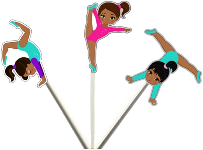 Gymnastics Girls African American Cupcake Toppers, Gymnastics Birthday Cupcake, Gymnastics Cupcake Picks (12 Count)