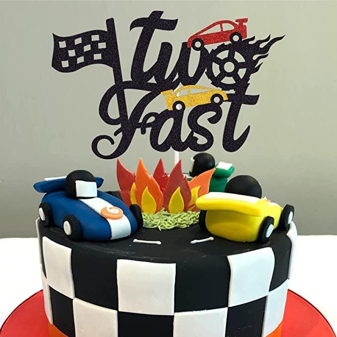 Marwey Cars Cake Topper - Two Fast Birthday Decor - Car Theme 2nd Birthday Cake Decoration, Chequered Flag Themed Party Supplies Decorations(Doubled-Sided)