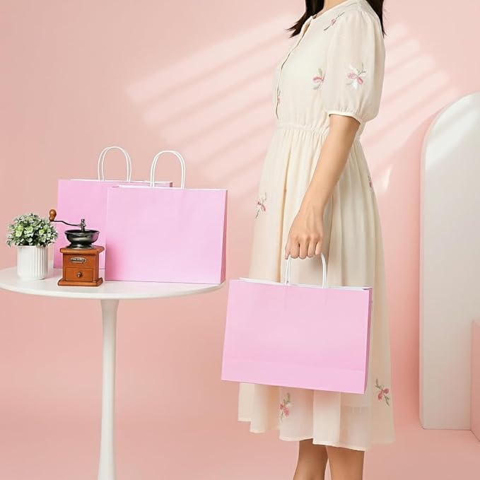 SUNCOLOR Paper Gift Bags with Handles, Pink, 13x10x5.5 Inch, Large Size, 25 Pack, for Birthday, Wedding, Shopping