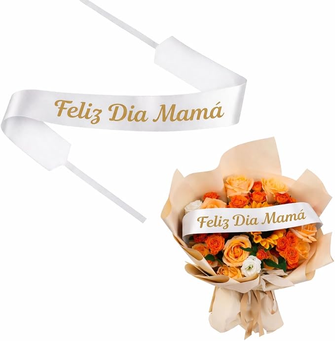 Set of 12 Bouquet Banner Grosgrain Ribbon Tie Wrap Printed Sash Florist Bulk Supply for Floral Arrangements (White - Feliz Dia Mama)