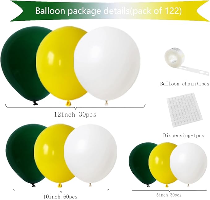 Retro Green Yellow White Balloon Garland Arch Kit, 122pcs Dark Green Yellow White Balloons for Birthday Wedding Graduation Baby Shower Anniversart Forest Jungle Tractor Soccer Party Decorations