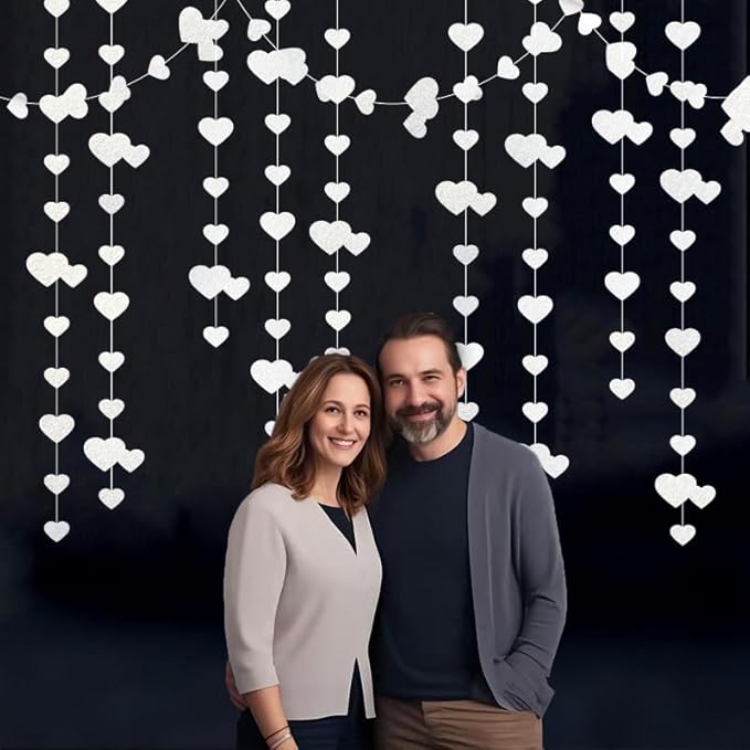White Hanging Heart Garland Sparkling Love Streamer Glitter Bunting Banner Twinkle Heart Backdrop for Wedding Engagement Valentines Galentines Birthday Party Decor 40 Feet