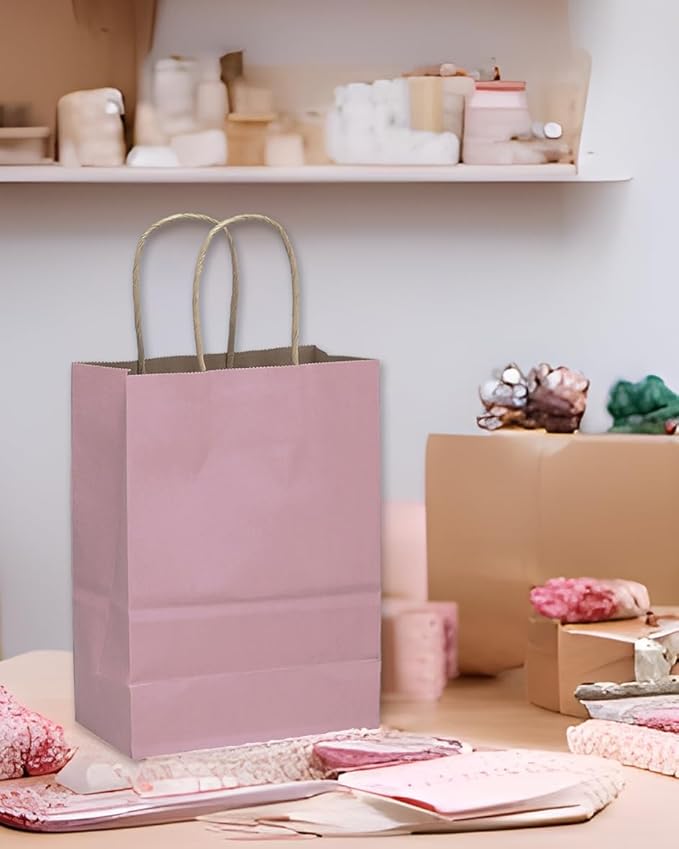 qiqee 32-Packs Light Pink Paper Gift Bags with Handles Bulk 8.26"×6"×3.15" Small Size Gift Bags Multiple Uses(Small Size)