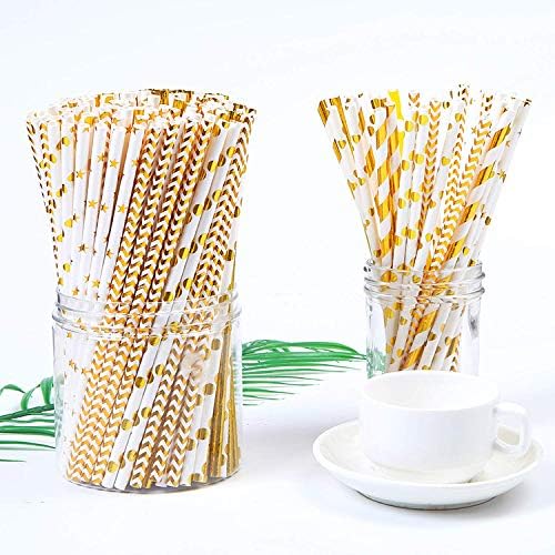 100 Pack Gold Straws, Biodegradable Paper Straws, Metallic Foil Striped/Wave/Heart/Star Straw for Party Supplies, Birthday, Wedding, Bridal/Baby Shower Decorations and Holiday Celebration