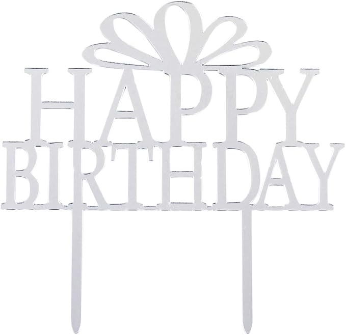 Top Cake 6 x 5.8 Inch Happy Birthday Cake Topper, 1 Mirrored Birthday Cake Decoration - With Bow, Durable, Silver Acrylic Birthday Topper For Dessert And Party Decorations - Restaurantware