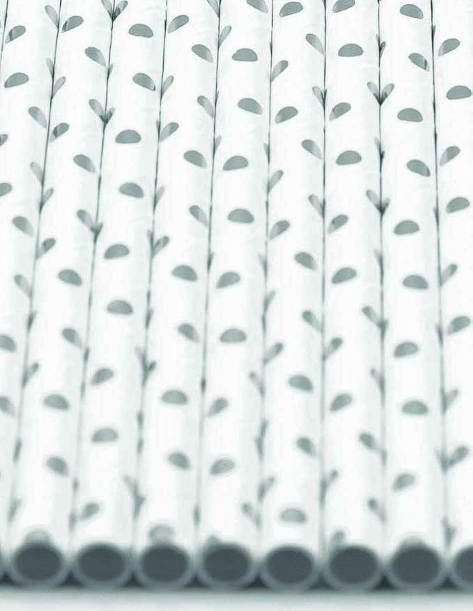 Pack of 150 Silver Polka Dot Foil Biodegradable 4-Ply Paper Drinking Straws (Compostable, Non-toxic, BPA-free)