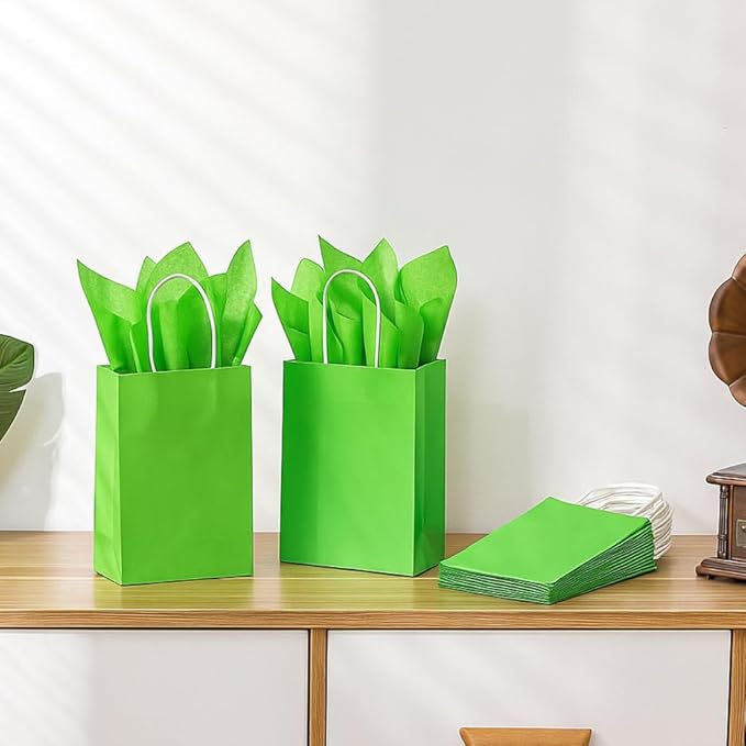 SUNCOLOR Green Gift Bags with Handles, 24 Pack Kraft Paper Party Favor Bags, 7.9x5.12x3.15 Inches, with Tissue Paper for Christmas, St. Patrick's Day, Birthdays