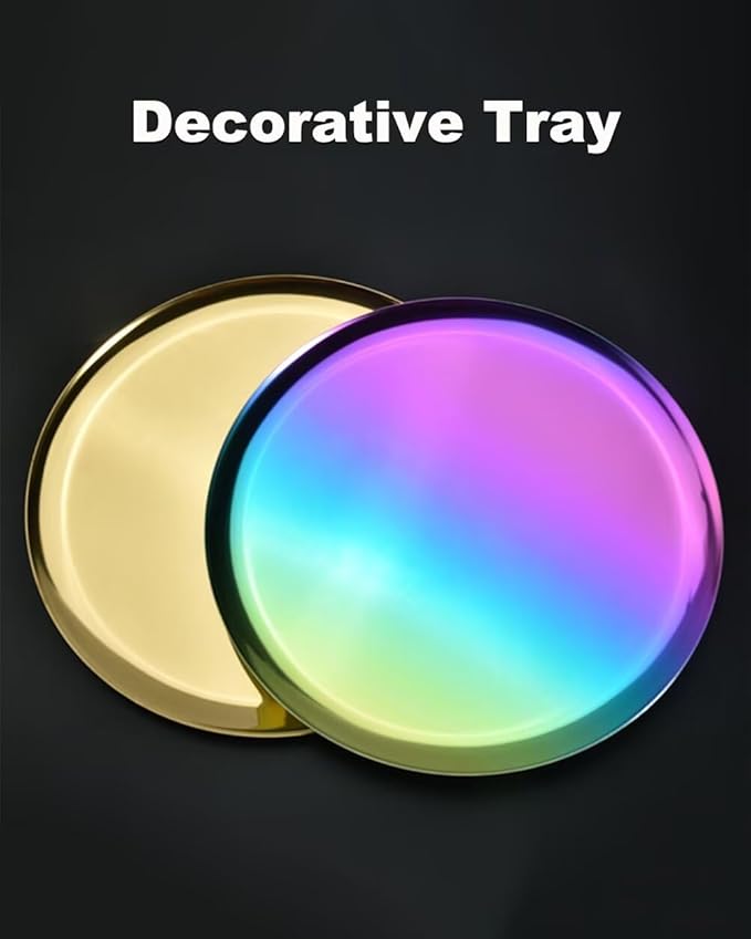 7.9in Round Serving Tray, Stainless Steel Decorative Metal Tray for Coffee Table, Vanity, Perfume, Jewelry, and Entryway Catchall Organizer Laser