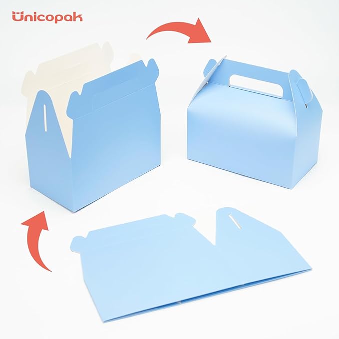 UnicoPak 30 Pack Pastel Party Favor Bag Boxes, Gable Gift Boxes with Handles for Candies Treats Goodies Cookies, Ideal for Theme Birthday Party, Classroom Events, Valentine's Day, 6.5x3.5x3.5 Inches