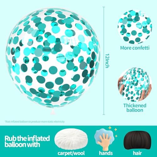 VHUWE Teal Blue Confetti Balloons 25 Pcs, 12 Inch Thickened Clear Latex Balloon with Confetti Inside for Birthday Party Baby Shower Graduation Anniversary Engagement Decorations Supplies