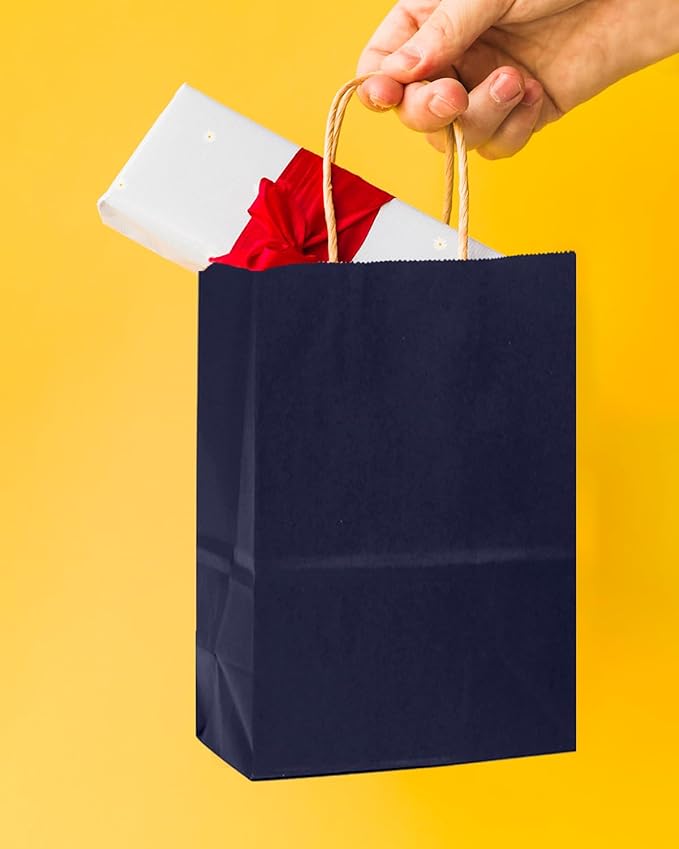 qiqee 24 Pcs Navy Blue Mini Paper Gift Bags with Handles 6"x4.5"x2.5" Small Brown Kraft Party Favor Treat Bags Multiple Uses (Mini size)