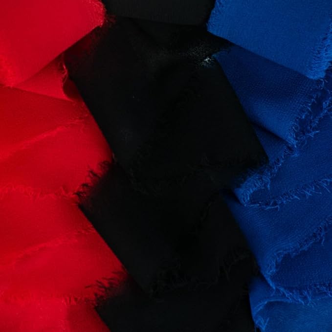 Chiffon Ribbon, Black Red Blue Silk Ribbon, Spider Theme Party Decoration, 1-1/2''x21Yd Handmade Frayed Fringe Ribbon for Wrapping, Floral Vase, Crafts, Invitation Card, Birthday, 3 Rolls