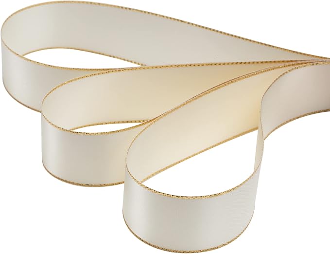 1" Double Face Satin Ribbon with Gold Edge 25 Yards (810-Ivory), Perfect for Gift Wrapping, Party Decor, Wedding and Craft