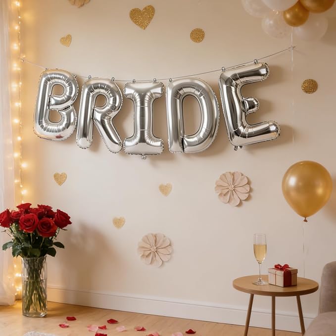 Silver BRIDE Letter Balloons 40 Inch, Big Balloons Banner for Wedding Engagement Bachelorette Bridal Shower, Bride To Be Party Decorations and Supplies