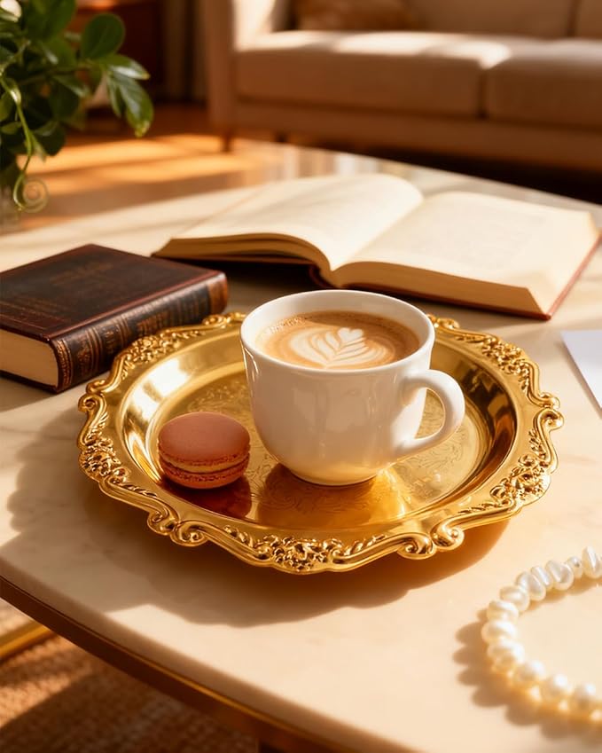 Gold Decorative Tray Set of 2, 8'' Round Vintage Metal Vanity Tray for Perfume, Small Ornate Jewelry Dish, Bathroom Counter Organizer, Coffee Table Decor