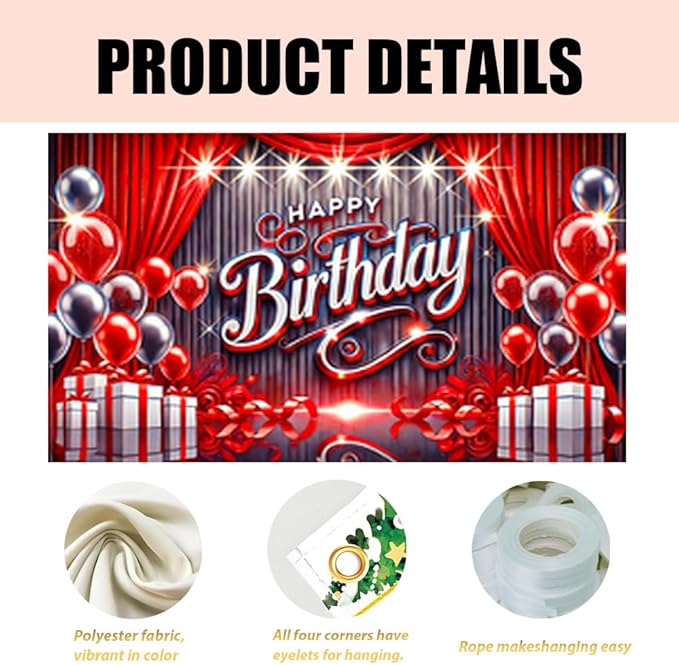 71x43 Inch Birthday Party Banner with Red and Silver Balloons Gift Boxes Curtains Stage Backdrop Indoor Outdoor Wall Door Porch Decoration Celebration Photo Prop