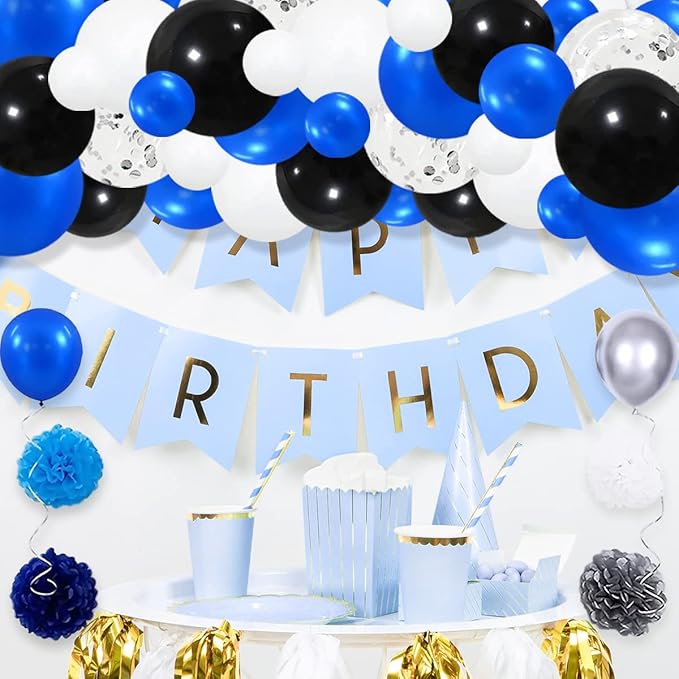 Royal Blue Black Silver White Balloon Arch Garland - Blue, Black, White Metallic Silver Confetti Balloons Video Game Balloon for Birthday Graduation 2026 Prom Party Decorations