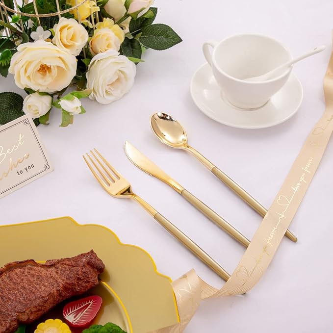 Supernal 102pcs Gold Plastic Silverware, Disposable Cutlery with Dark Gold Handle, Plastic Forks and Spoons Knives,34 Forks,34Knvies,34 Spoons,Perfect for Birthday,Party,Wedding
