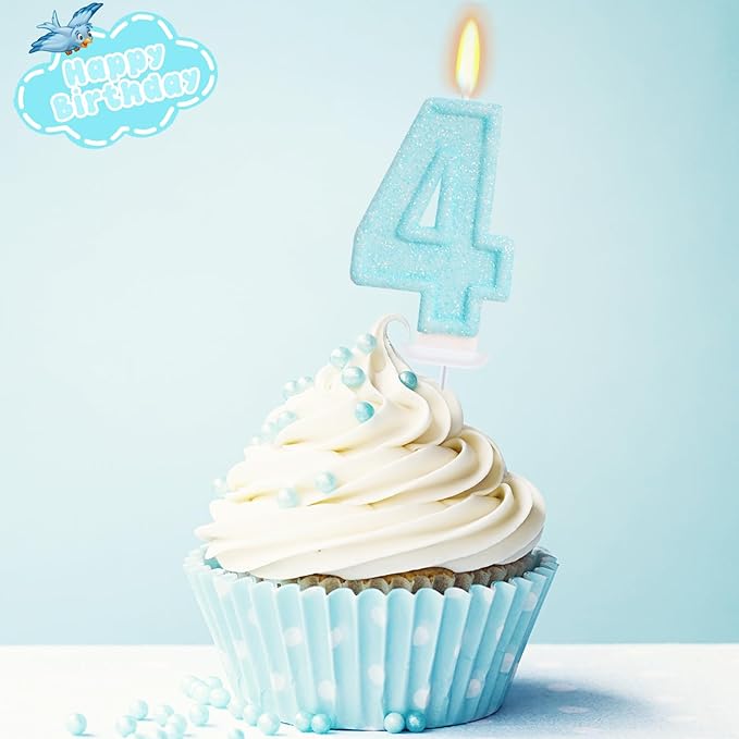 Blue Birthday Candles - Number 4 Candle for 4th Birthday Decorations Girl Boy, Sky Blue Cake Decorations Sweet Theme Party Supplies