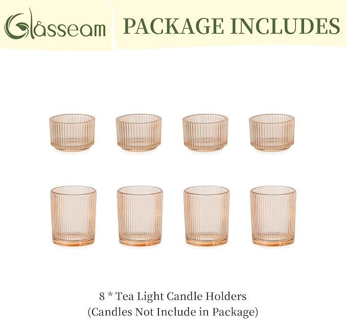 Glasseam Gold Votive Candle Holders: 8 Pcs Ribbed Glass Tealight Candle Holder Set Tea Light Holders Wedding Decorations for Reception Modern Home Decor Centerpiece Gifts