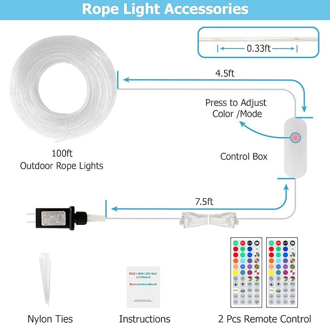 100ft 25 Colors LED Rope Lights, Outdoor IP68 Waterproof Warm White RGB Double Lamp Beads Tube String lights with Dimmable 4 Brightness, Rope Light for Outside, Yard, Deck, Party, Birthday Decorations