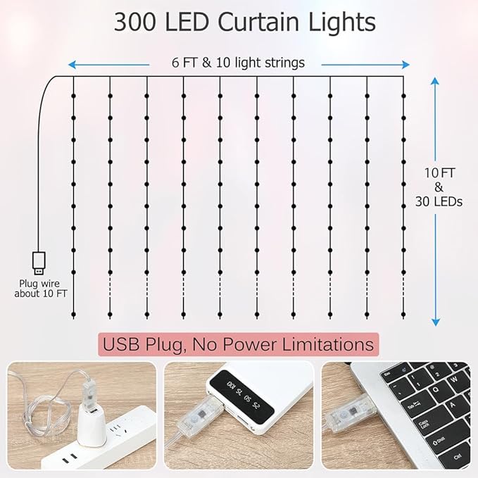 Curtain Lights 10ft x 10ft, 300 LED Twinkle Fairy String Lights Curtain with Remote & Timer, IP65 Waterproof, USB Powered for Indoor Outdoor Wall Bedroom Backdrop Christmas Decor - Warm White