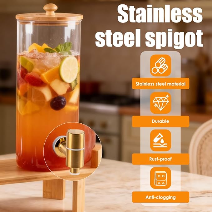 2 Gallon 2 Pack large Glass Drink dispenser for parties,Beverage Dispenser With Wood Stand,Water Dispensers with spigot,lemonade dispenser,juice containers & water pitcher with lid
