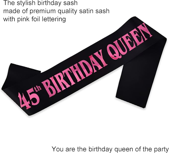 45th Birthday Queen Sash, Pink Foil Black Satin Birthday Sash for Women 45th Fabulous Birthday Party Gift Decorations Favors