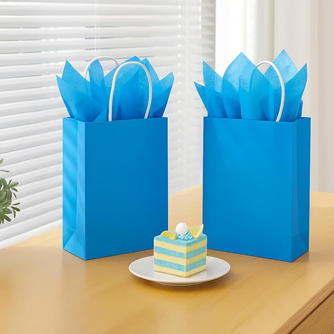SUNCOLOR Blue Gift Bags with Tissue Paper, 24 Pack Small Kraft Paper Party Favor Bags, 7.9 x 5.12 x 3.15 Inches, Reinforced Handles for Baby Showers, Birthdays, Celebrations