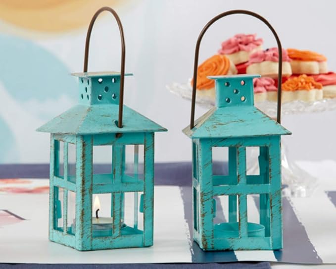 Kate Aspen Decorative Lantern, Vintage Metal Tealight Candle Lanterns, Centerpiece for Wedding Table, Accent Piece & Party Favor, Turquoise - 6 Sets